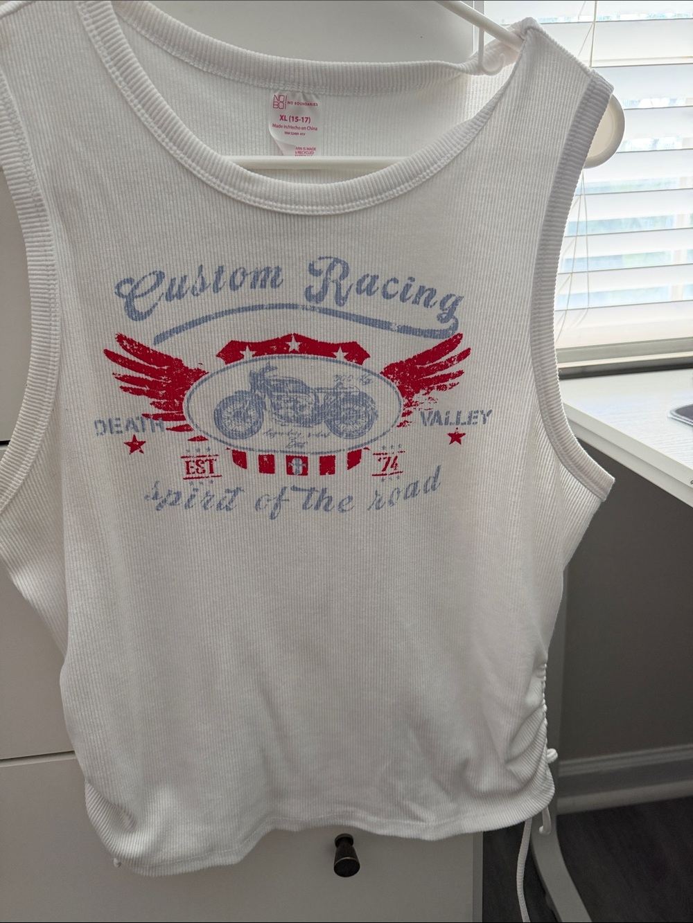 White Ribbed Tank Top with Custom Racing Graphic